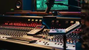 Control room with technical equipment and music recording software