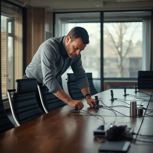 רוני הסאונדמן פורש מיקרופונים על שולחן ישיבות לפני תחילת הקלטת ישיבת בוררות לצורך תמלול משפטי מדויק