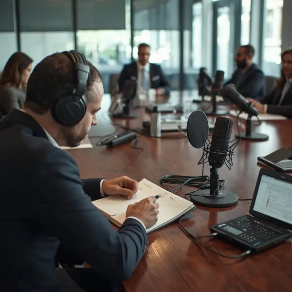 רוני המקליט רושם שמות דוברים במהלך ישיבת בוררות עם מיקרופונים על השולחן לצורך תמלול הקלטה משפטית