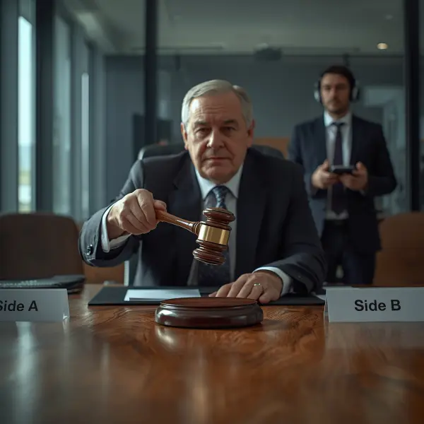 בורר סוגר ישיבה משפטית באמצעות פטיש שיפוטי, לאחר סיום ההקלטה לצורך תמלול משפטי והפקת פרוטוקול תקני לבית המשפט