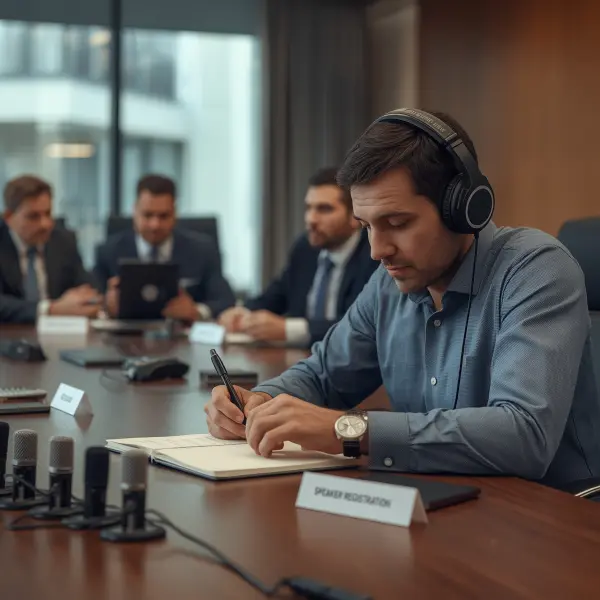 רוני הסאונדמן מאזין להקלטה בזמן אמת עם אזניות ובודק את איכות הסאונד במהלך ישיבת בוררות לצורך תמלול משפטי מדויק