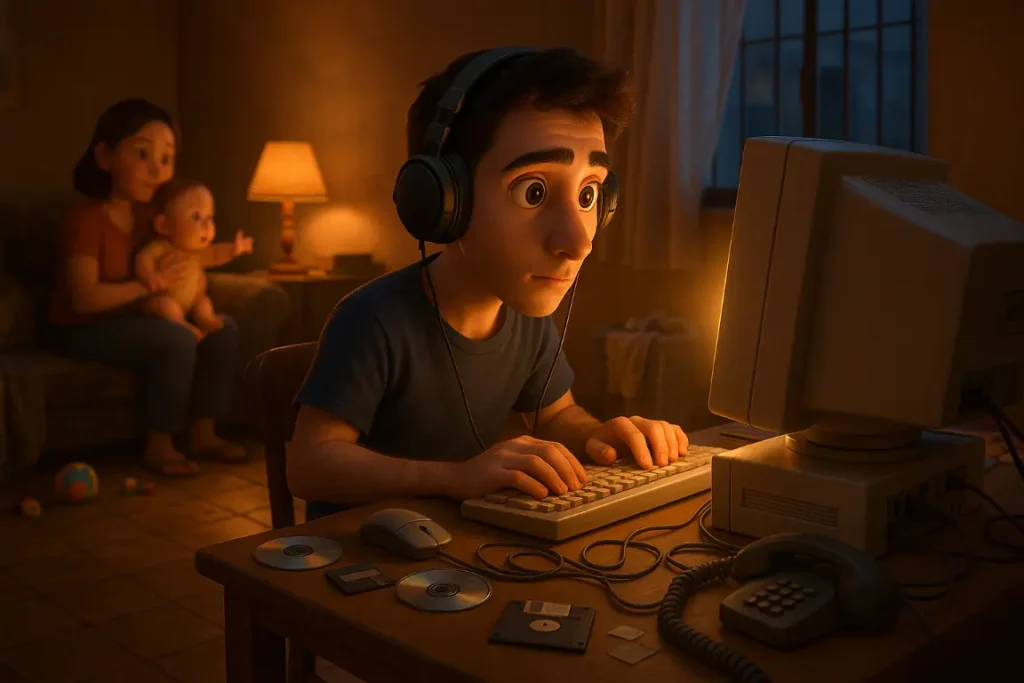 בחור צעיר בן 24 עם עיניים גדולות בסגנון פיקסאר יושב מול מסך מחשב CRT ישן משנת 2001 בדרום תל אביב עם אזניות ותחושת ריכוז עמוקה