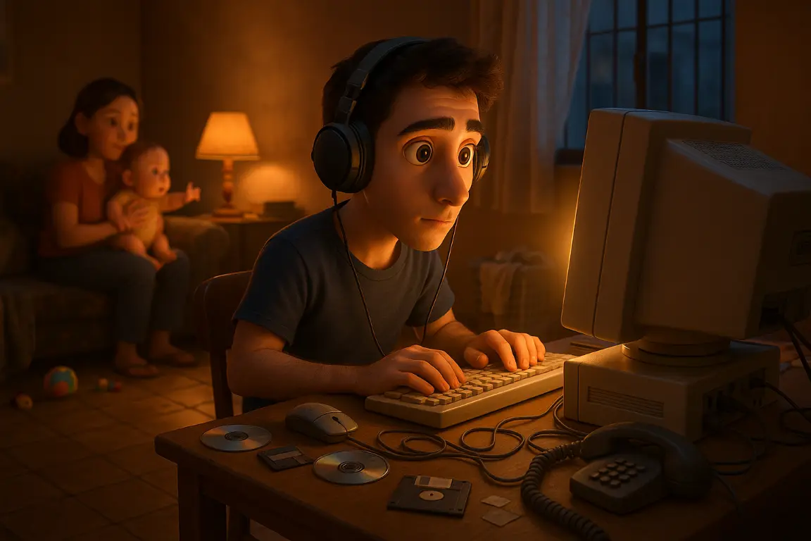 רמי בן 24 מתמלל בשנת 2001 מול מסך מחשב CRT בדירה קטנה בדרום תל אביב