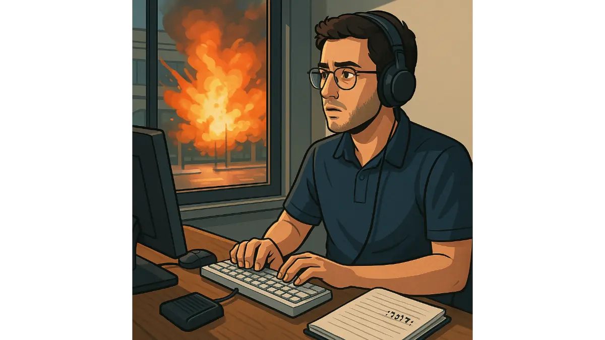 הדמייה של מתמלל צעיר בעמדת עבודה בתל אביב רגע לפני הפיגוע בדיזנגוף סנטר בשנת 1996