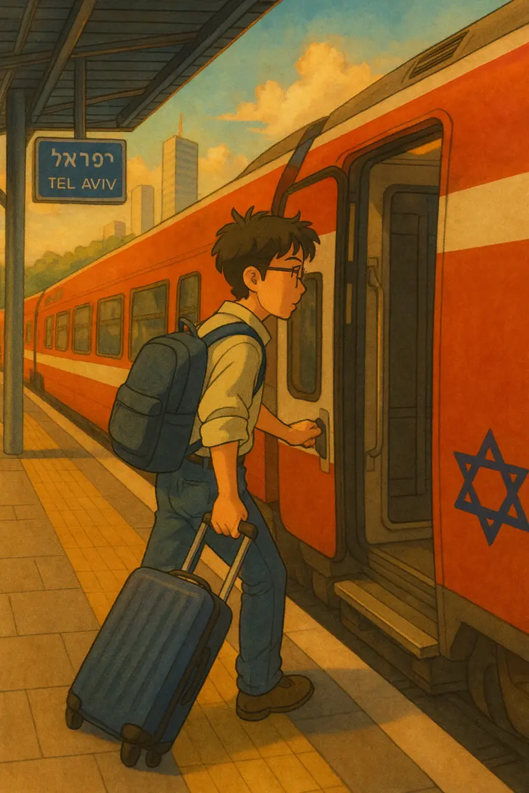 אלכסנדר הסאונדמן בדרך לדיון משפטי, עולה לרכבת עם טרולי וציוד הקלטה לפני הקלטת דיון בבית משפט.