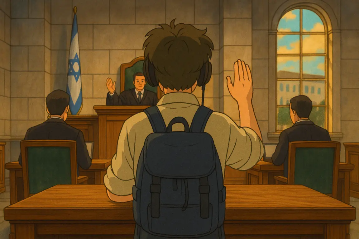 אלכסנדר עומד עם הגב למצלמה בזמן שהשופט נועל את הדיון בבית המשפט.