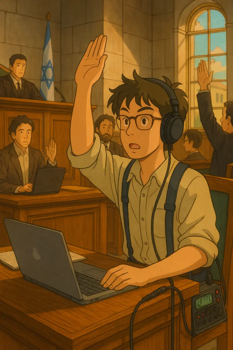 אלכסנדר מרים את ידו במהלך דיון משפטי לאחר שזיהה תקלה בהקלטה.