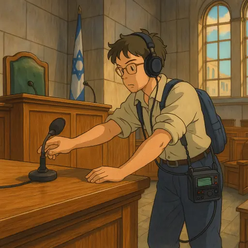 אלכסנדר הסאונדמן פורש מיקרופון על שולחן השופט כחלק מהכנות להקלטת דיון משפטי.