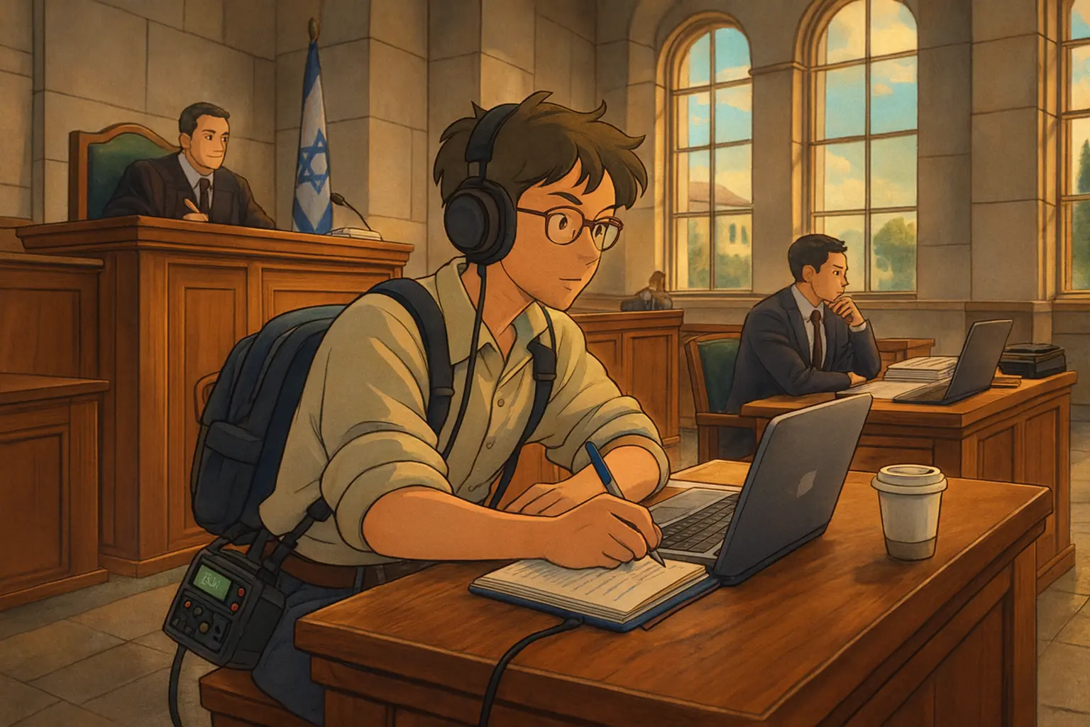אלכסנדר רושם ומזהה דוברים במהלך דיון משפטי תוך כדי האזנה לאוזניות.