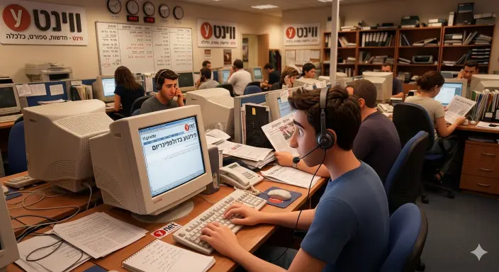 איור בסגנון אנימציה של רמי מתמלל בזמן אמת בדסק החדשות של Ynet בשנת 2001 מול מסך CRT עם כותרת על הפיגוע בדולפינריום.