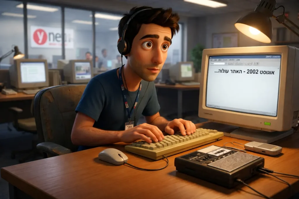 איור נוסטלגי של רמי בדסק Ynet בשנת 2002, עובד מול מסך CRT עם הכותרת "אוגוסט 2002 - עולה לאוויר", על השולחן דיקטפון פנסוניק וטלפון פומית.
