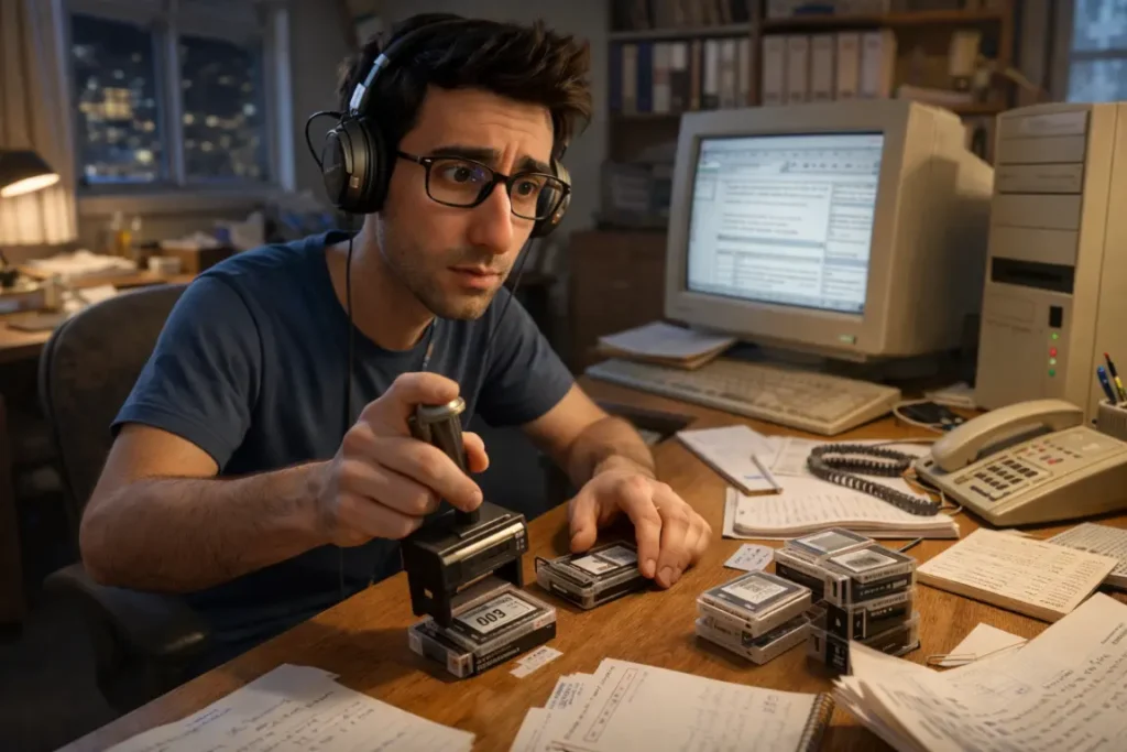 רמי מועלם בשנת 2004 עובד במשרד ביתי בתל אביב עם קסטות תמלול ומחשב ישן