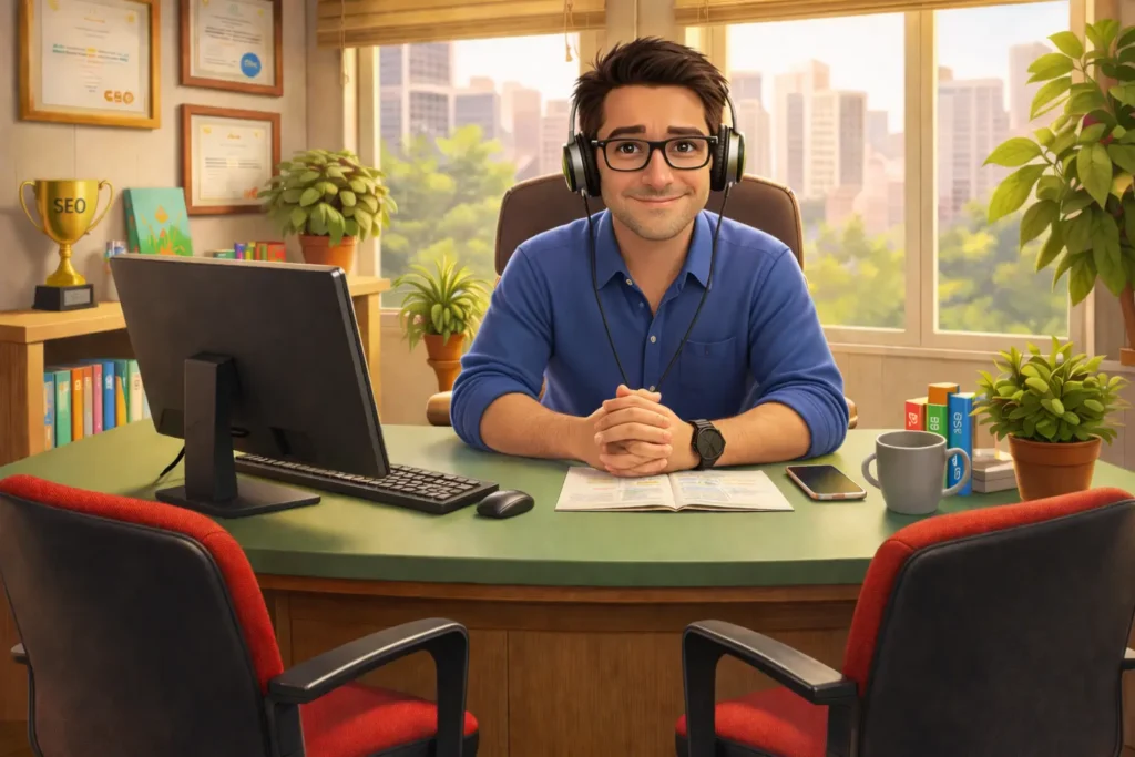 בחור צעיר יושב במשרד קטן עם אוזניות ליד שולחן ירוק גדול.