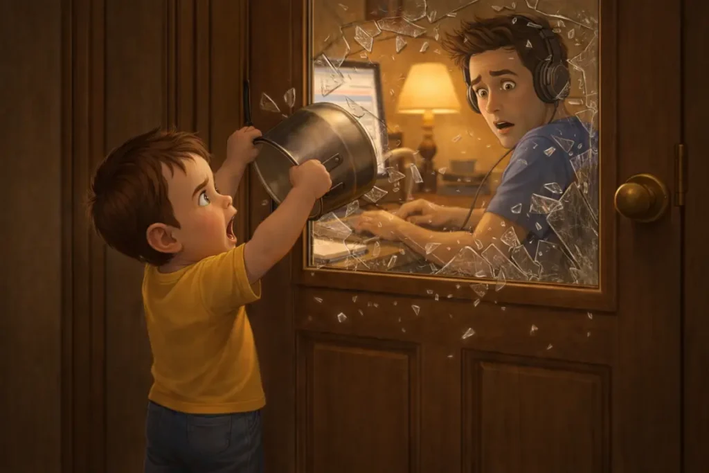 ילד בן שלוש שובר זכוכית של דלת חדר עבודה בבית בזמן שאביו מתמלל עם אוזניות