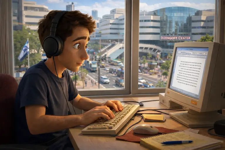 בחור צעיר מקליד תמלול במחשב בשדרות חן בתל אביב כאשר דיזינגוף סנטר נראה ברקע